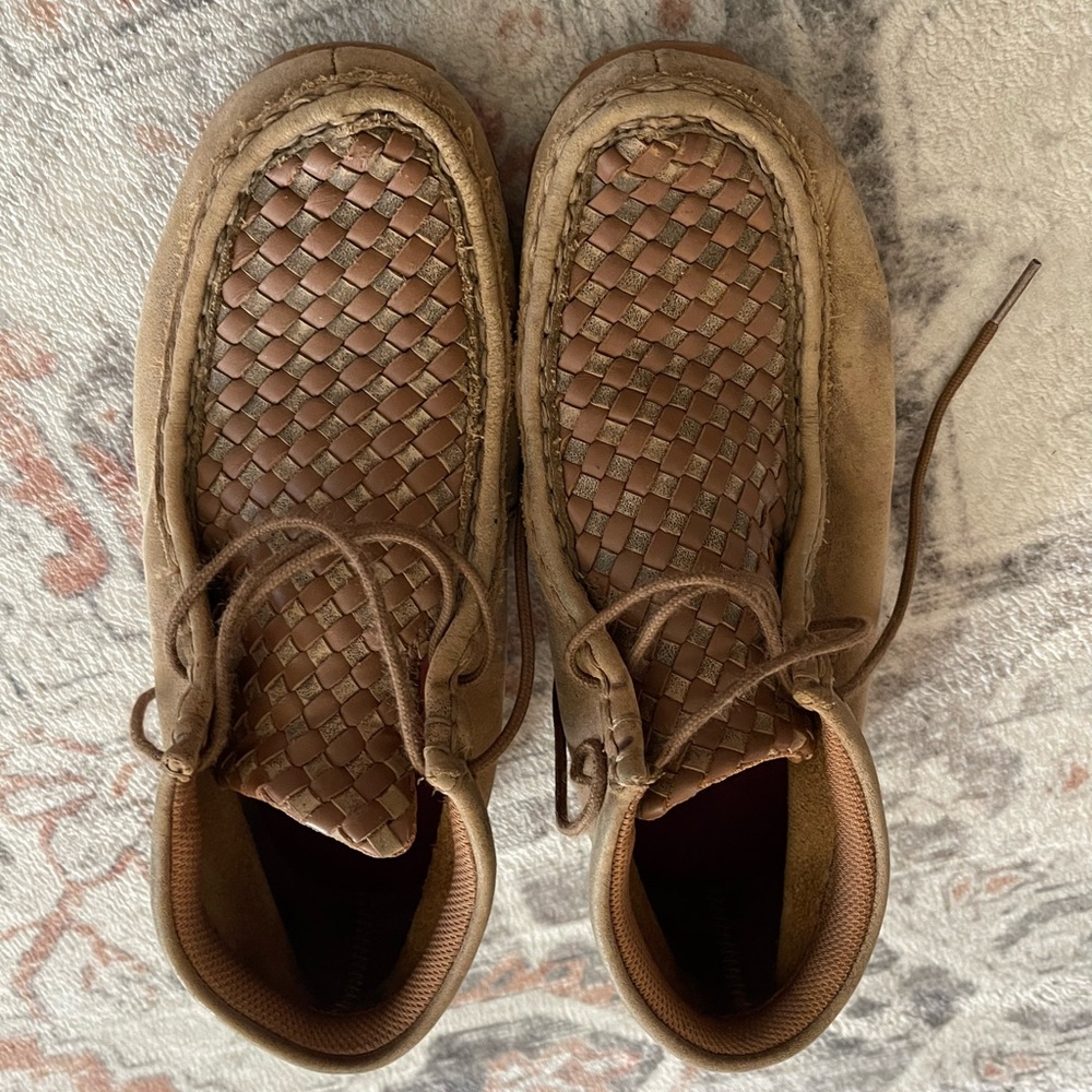 TWISTED X YOUTH BROWN BOMBER AND TAN BASKETWEAVE DRIVING MOCCASIN